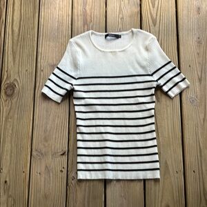 Striped Short Sleeve Ribbed Top - Cream & Black